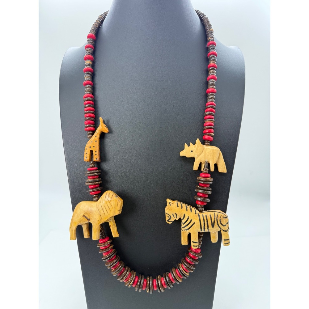 Hand Carved Wood Safari Animal Necklace Lion Zebra Bold Chunky Statement Beaded